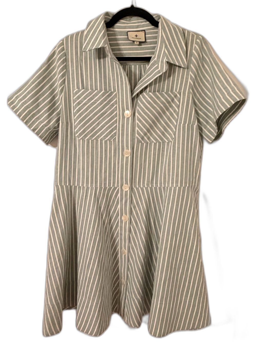Tuckernuck Striped Button Down Short Sleeve Shirtdress Sage Green White Medium